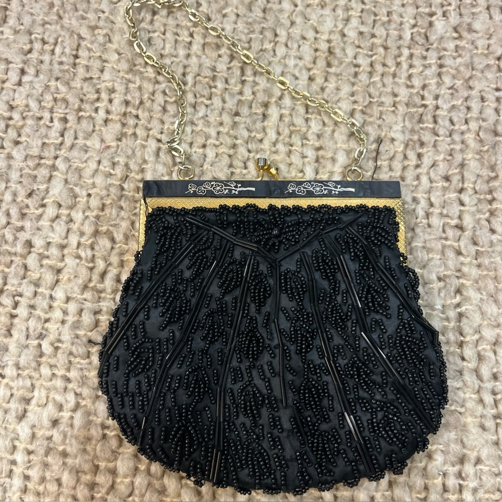 VTG 60s Handmade Unique‎ Black Bead Handbag Clutch Evening Purse Hong Kong